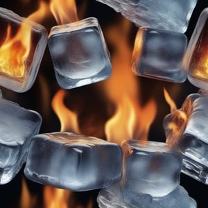 Create an image of Ice cubes with fire on it in photorealistic look, 3D, sharp and detailed, 16K