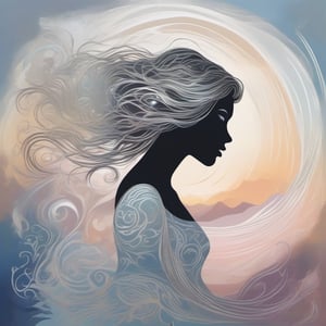 create a highly detailed stylized image of a silhouette of a woman with delicatedly flowing hair within a beautiful ethereal landscape with intricate silver pattern intertwined with abstract musical elements swirling through the background of soft pastel colors and impasto