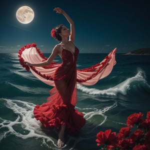 Stunningly imaginative poster illustration of flamenco dancer who is completely wrapped in flowing dress made of hibiscus red flowers with each graceful twirl, she conjures up an  enchanting spectacle of a whirlpool like sea with the edges of the sea seemingly enveloping the surrounding area. The flowers seamlessly rise up and become part of her dress, creating a mesmerizing union between the dancer and the magical sea, THE OVERALL ATMOSPHERE OF THIS CAPTIVATING scenes is mystical n entrancing under a Moonlit night.
