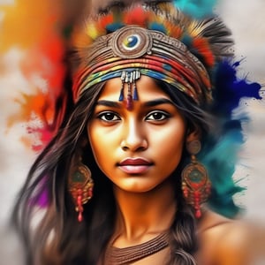 Art nouveau, a very beautiful Indian glamorous tribal girl, color splash and color leaking, impasto painting background, 3D, HDR