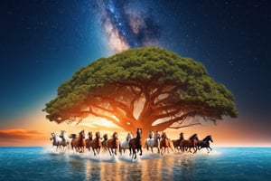 Seascape, seven horses running in the water facing front, starry sky, blue sky, high water tide, orange sand, fantasy looking scene, 4k, HD, sharp details, cinematic look, photographic HD, vibrant colors, flying birds, one big tree againt light, 