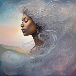 create a highly detailed stylized image of a silhouette of a woman with delicatedly flowing hair within a beautiful ethereal landscape with intricate silver pattern intertwined with abstract musical elements swirling through the background of soft pastel colors and impasto