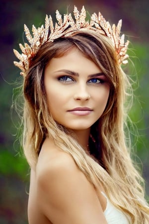 create angloindian girl portrait in one third with feathers crown,  realistic, cute face, stunning personality, 4K, photorealistic, forest background