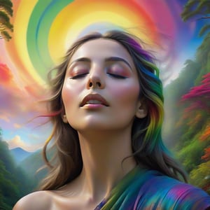 surrealistic artwork featuring a serene woman's face with closed eyes, seamlessly blended in to a lush forest landscape, VIVID, RAINBOW COLORED SPIRALS ADORN her face, a radiant, fan like spread of color  forms backdrop, revealing structures and CASCADING WATERFALL, SET AGAINST a vibrant sky transitioning from sunrise to night, the entire scene is framed by over hanging branches, 3D, hyper realistic and sharp, heavily detailed.
