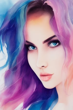 Colorful beautiful girl, a sexy girl 18-years old, multiple colors messy hair, watercolor, nice perfect face, multiple colors, intricate detail, splash screen, 8k resolution, masterpiece, cute face, art station digital painting smooth very black ink flow, 8k resolution photorealistic masterpiece, intricately detailed fluid gouache painting, calligraphy, acrylic, watercolor art, professional photography, natural lighting, volumetric lighting maximalist, complex, elegant, expansive, fantastical, inkling girl, oval face, sharp eyes, curli thick hair, bright and vibrant colors, oval face , sharp blue eyes