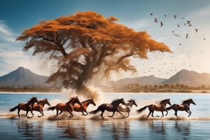 7 horses runing from left in the water, high tide and splash of the water,  summer sky, orange sand in foreground, little seen mountain in background, sharpest image, 4k, HD, high reso, photographic and cinematic look, flying birds in rows, weird big tree on right side, 