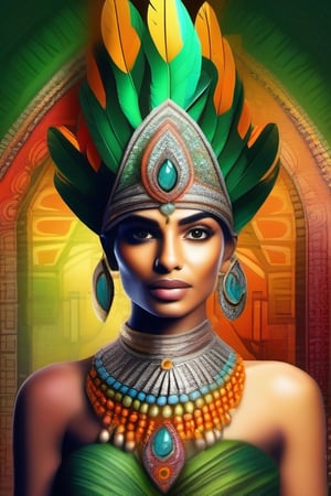 digital illustration of a fashionably dressed Indian wearing an ornate hat adorned with colorful feathers and  gems, the background has a cracked, abstract textures with shades of orange and green, creating a sunlit effect behind her. The woman has striking green eyes, full lips, adorned with intricate jewelry and detailed, stylized dress, the image is in 3D, hyper detailed, 16K, super sharp
