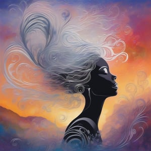 create a highly detailed stylized image of a silhouette of a woman with delicatedly flowing hair within a beautiful ethereal landscape with intricate silver pattern intertwined with abstract musical elements swirling through the background of soft vibrant colors and impasto paint