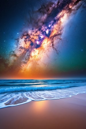 Seascape, milky way sky, blue orange sky, water tide, orange sand, fantasy looking scene, 4k, HD, sharp details, cinematic look, photographic HD, vibrant colors