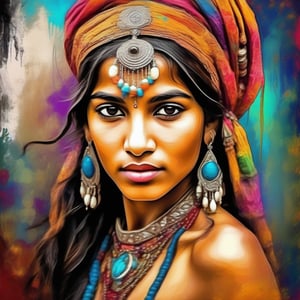 Art nouveau, a very beautiful Indian glamorous tribal girl, color splash and color leaking, impasto painting background, 3D, HDR