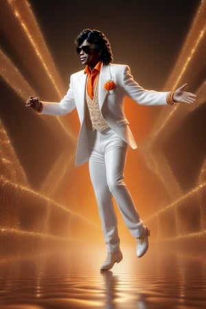 Liquid ingradients, condensed milk white and brown, orange syrup, tomato sause and salted soya sauce, create a masterpiece that depicts the king of pop doing the moonwalk. In batic fractal, hyper detailed, octane render, 16k, sharp, photorealistic.