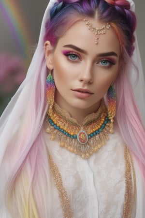 Beautiful portrait, hyperrealistic model with colorful hair and a rainbow, 4k, HD, super detailed, extra sharp, beautiful eyes