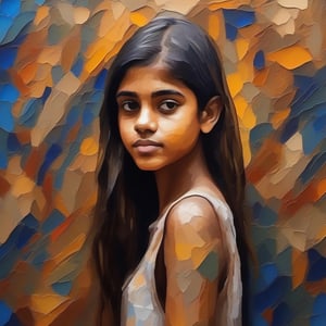 Share an image with abstract shapes or patterns, like modern abstract art in 3D, 16K, sharp andhighly detailed of a Indian 16 year old girl with impasto paint
