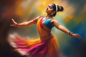 Capture the grace and vibrancy of a teenage Indian classical dancer in the midst of a captivating performance through a mesmerizing oil painting, impressionist, color leak, 4K, cinematic look, HD, detailed, sharp, photorealistic
