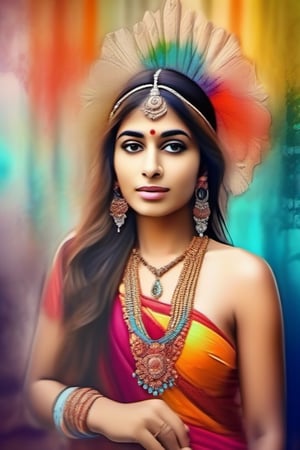 Art nouveau, a very beautiful Indian glamorous girl, color splash and color leaking, impasto painting background, 3D, HDR