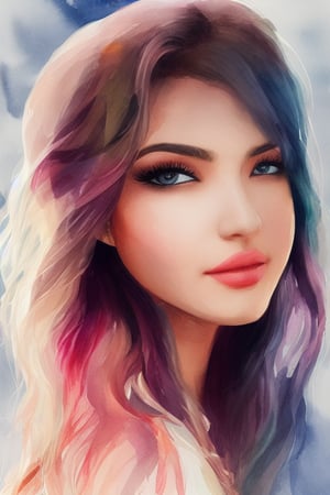 Colorful beautiful girl, a sexy girl 18-years old, multiple colors messy hair, watercolor, nice perfect face, multiple colors, intricate detail, splash screen, 8k resolution, masterpiece, cute face, art station digital painting smooth very black ink flow, 8k resolution photorealistic masterpiece, intricately detailed fluid gouache painting, calligraphy, acrylic, watercolor art, professional photography, natural lighting, volumetric lighting maximalist, complex, elegant, expansive, fantastical, inkling girl, oval face, sharp eyes, curli thick hair, bright and vibrant colors, oval face , sharp blue eyes