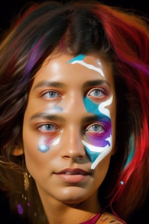 Make painted face of a beautiful young girl with colorful hair portrait, indian look, HD, cinematic look, photographically superp, sharp eyes, back lighted glow