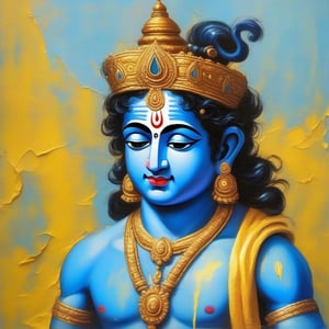 Hindu God Krishna , one third body, light blue skin, half face, cracked oil painting with visible lines yellow impasto background, 16k, super high quality, hyper realistic
