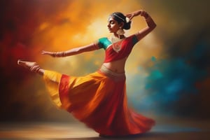 Capture the grace and vibrancy of a teenage Indian classical dancer in the midst of a captivating performance through a mesmerizing oil painting, impressionist, color leak, 4K, cinematic look, HD, detailed, sharp, photorealistic
