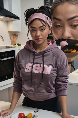 best quality, ultra high res, (photorealistic:1.5), 1girl, pink hoodie, sweat pants, (faded ash gray hair:1), (medium breasts:1.2), looking away from viewer, medium range top view, m4d4m, kitchen background, realistic human face, :), black glove, enormous ass, nose ring, semi macular, smoke white background , sports watch, head band, wrist band, veggies on table