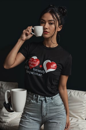 best quality, ultra high res, (photorealistic:1.5), 1girl, black t-shirt with printed heart,white jeans, (faded ash gray hair:1), (medium breasts:1.2), visible breasts, looking at viewer , full body close up view, m4d4m, lounge background, realistic human face, :), hand raised, black glove, enormous ass, nose ring, semi macular, drinking coffee, white mug