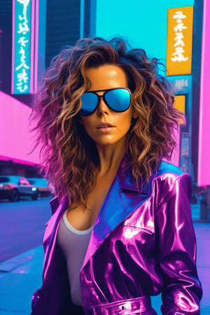 Stunning Beautiful Kate Beckinsale, vaporwave style, curly messy hair, sunglasses, full body portrait, 8k, super high quality, absurdres, cinematic lighting, medium format digital camera, cyberpunk downtown, sexy outfit