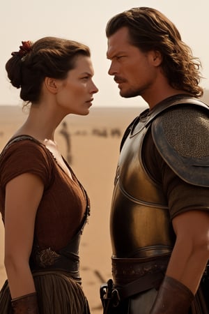 Craft a visually stunning epic movie scene featuring Milla Jovovich and a romantic partner in the midst of a grand battle. Amidst the chaos, they find a quiet moment of connection, embodying the idea of love in challenging times. Milla's regal attire contrasts with her partner's rugged warrior garb. Their eyes meet amidst the intensity, conveying a deep bond. The camera, equipped with an 800mm telephoto lens, captures this poignant moment with a tender long shot. Utilize dynamic lighting to emphasize the emotional resonance of their connection. Render this scene with exceptional detail, ensuring their expressions and the surrounding battle are vividly depicted, film still, movie still