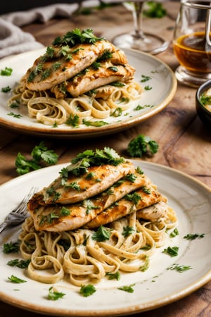 Let the AI create a luscious fettuccine dish coated in a creamy garlic Parmesan sauce, topped with succulent grilled chicken and garnished with fresh parsley. The photorealistic rendering brings out the richness of the sauce and the tenderness of the chicken