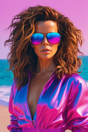 Stunning Beautiful Kate Beckinsale, vaporwave style, curly hair, sunglasses, portrait, 8k, super high quality, absurdres, cinematic lighting, medium format digital camera, cyberpunk style, beach