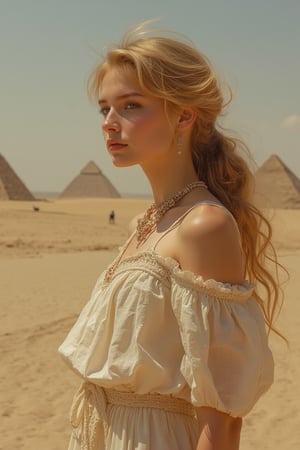 An albion c cup size beautiful girl with pale skin, long shot, summer outfit, sphinx, fashion photography