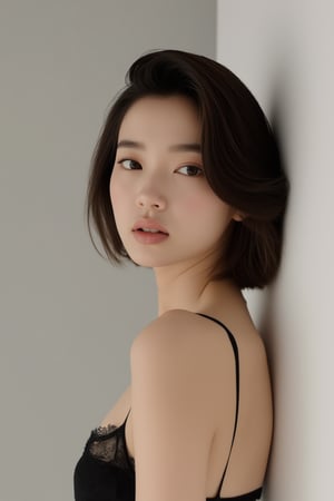 photo of an Asian girl with short hair wearing a black bra, nipping, small breasts, kPop style, a neutral background to highlight her facial features, a medium-length straight hairstyle, a side parting