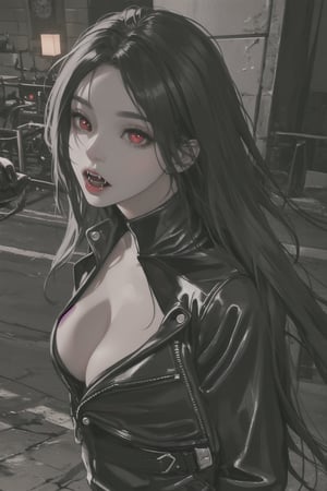 Best quality,fullbodyshot,cleavage , realistic eyes ,detailed eyes, photo realistic image 
 detailed face, vampire, small perky breasts, shiny black hair, red eyes,fangs, gothic, noir, leather pants, realistic hands,  
