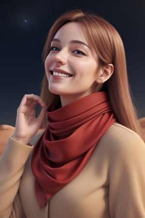 Masterpiece, High quality, photorealistic, cinematic lighting, long haired lady, animated figure, , serenity, cute smile, , harmony, smooth skin, tanned skin, gold long sleeves, red scarf, mars planet background, perfect eyes, perfect anatomy, looking upward