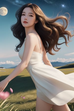 Masterpiece, High quality, photorealistic, cinematic lighting, wavy hair, long hair, white dress, animated figure, , serenity, harmony, smooth skin, wavy hair,  perfect legs, perspective, shadows, lighting effects, windy atmosphere, falling flowers, flowers, grass, stars, moon from afar, midnight, sparkling grass