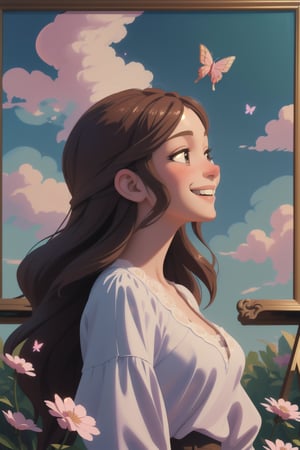 Masterpiece, high quality, harmony, peace, cool, pastel colors,  floating petals, monalisa painting, solo, smiling, brown wavy hair, blouse  with lace, cloudy sky, painting, faded image, side view, summer, butterflies