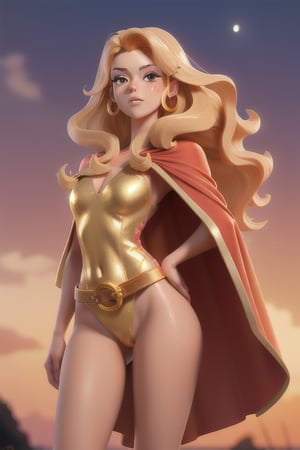 Masterpiece, High quality, photorealistic, cinematic lighting, gold long haired lady, animated figure, , serenity, harmony, smooth skin, tanned skin, white gown, splash of neon colors in the background, perfect eyes, perfect anatomy, wavy hair,  perfect legs, dripping colors, shadows, lighting effects, full moon from afar, sunset, orange sky, fogged sky, red cape, gold one piece suit, metal belt, windy atmosphere