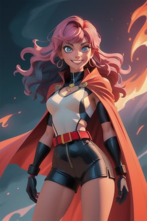 Masterpiece, High quality, photorealistic, long bangs, cinematic lighting, long haired lady, animated figure, , serenity, harmony, smooth skin, tanned skin, striking neon colors in the background, perfect eyes, perfect anatomy, wavy hair,  perfect legs, dripping colors, shadows, lighting effects, red cape, flight_suit, metal belt, windy atmosphere, flames at the background, fighting_stance, black suit, gold belt, cute smile, magenta_hair