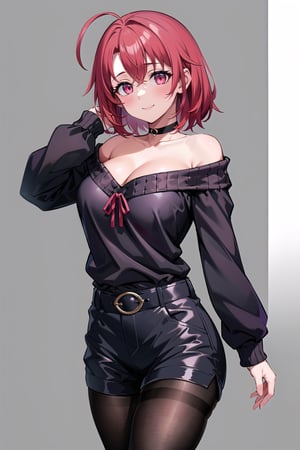 (masterpiece:1.3), (absurdres:1.3), (best quality:1.3), (ultra-detailed:1.3),(best shadow:0.7), (handled hair), (detailed_eyes:1.1), 1girl, solo, gscg, red hair, pink eyes, ahoge, large breasts, cleavage, off-shoulder_sweater, ribbed_sweater, black choker, long sleeve, black_shorts, pantyhose, fashion_girl, tattoo, posing, smile, closed_mouth,