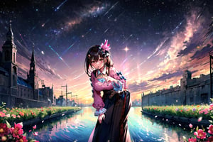 (masterpiece:1.3), (absurdres:1.3), (best quality:1.3), detailed eyes, 1girl, solo, ts2, brown eyes, pink shirt, long skirt, belt, long sleeves, breasts, leaning forward, facing viewer,
 (sky full of stars:1.3), ( big sky and shining:1.3), (flowers on river:1.3), beautiful sky, very delicate, high image quality, glitter,ts1