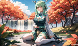 (masterpiece:1.3), (absurdres:1.3), (best quality:1.3), (ultra-detailed:1.3),(best shadow:0.7), (handled hair), (sharp eyeliner, eyeshadow, detailed eyes:1.1), 1girl, solo,
hmcf, green hair, long hair, antlers, branch, braided bangs, hair flower, yellow eyes, large breasts, jewelry, dress, cleavage, wide sleeves, green flower, single thighhigh, white thighhighs, light smile, closed mouth, wariza,

clouds, autumn, autumn leaves, falling leaves, maple leaf, tree, waterfall, blurry foreground, day, depth of field, blurry, forest, outdoors, nature, looking at viewer, onsen,