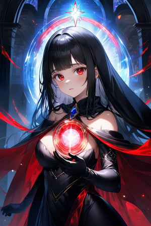 masterpiece, best quality, highres, vivid,
1girl, solo, black hair, red eyes, glowing eyes, blunt_bangs, long hair, large breasts, collarbone, black dress, black cape, black gloves, black veil,

god rays, swirling black light around the character, depth of field,black light particles,(broken glass),magic circle,