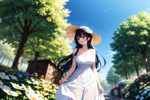 masterpiece, best quality, highres, vivid, aaanna, long hair, brown eyes, large breast, white summerdress, white hat, straps, leaning_forward, from below, silhouette, 
outdoor, flower, flowerbed, scenery, landscape, wind,aaanna,collarbone