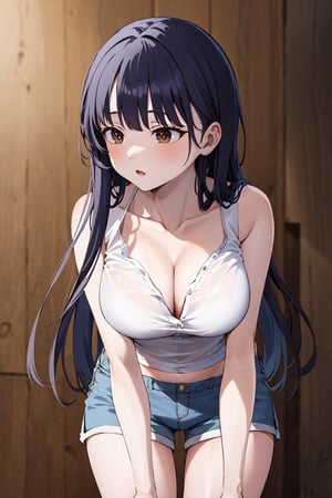 masterpiece, best quality, highres, vivid, aaanna, long hair, brown eyes, large breast, cleavage, down_blouse, white shirt, sleeveless, midriff, shorts, leaning forward, all-fours,