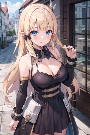 masterpiece, best quality, highres, aasaren, long hair, blue eyes, blonde hair, hair bow, black bow, hair ornament, blunt bangs, pointy ears, large breasts, black dress, long sleeve, cleavage, 

BREAK cityscape, outdoors, steampunk,aasaren