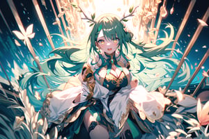 (masterpiece:1.3), (absurdres:1.3), (best quality:1.3), 1girl, solo,

hmcf, long hair, antlers, branch, braided bangs, hair flower, yellow eyes, large breasts, jewelry, dress, cleavage, wide sleeves, green flower, single thighhigh, white thighhighs, wariza, from above, open mouth,

midjourney , green theme, green particle, green glitter, green  effect, highlights, everything is green, green leaf, floating leaf, nature, green lights,