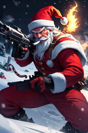 sparkling snowy night background, splash of bloods over the mounts of snow in background, Santa claus with rugged longbeard and fiery eyes and terrifying face, glaring look to the viewers, smoking candy cane in mouth, gun in the hand aiming front blood dripping from candy cane,Santa Claus,gun,newhorrorfantasy_style