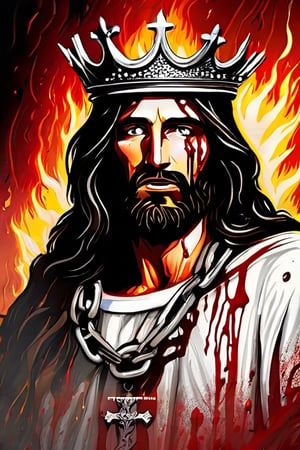 realistic, war background, , jesus christ, well built, wearing thorns crown, terrifying look, glaring eyes, smoking cigar, pointing gun at viewer, wearing silver cross chain around neck, wearing blood soaked white dress, blood everywhere, burnt,insertNameHere