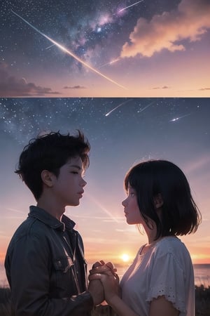 modern surrealist art,, beautiful dreamy sky background, with stars at distant, meteors falling, dreamy state, girl and boy shaking hands close up during beautiful sunset, magical, romantic ,Masterpiece