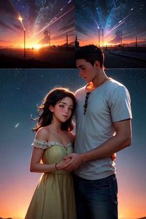 modern surrealist art,, beautiful dreamy sky background, with stars at distant, meteors falling, dreamy state, girl and boy shaking hands close up during beautiful sunset, magical, romantic ,Masterpiece