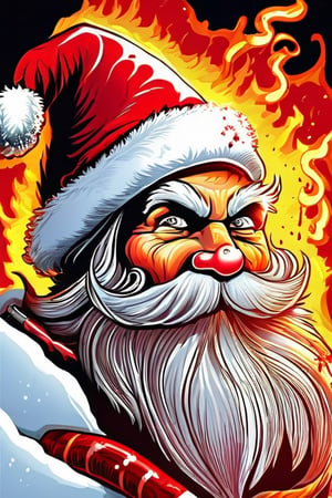 sparkling snowy background, splash of bloods over the mounts of snow in background, Santa claus with rugged longbeard and fiery eyes and terrifying face, glaring look to the viewers, smoking candy cane in mouth, blood dripping from candy cane,Santa Claus, christmas presents torn and burnt spread at bottom